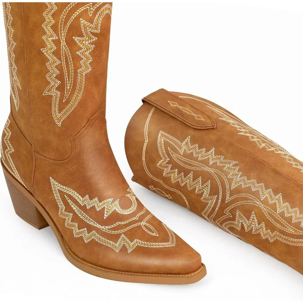 Women Tan Faux Leather Knee High Cowgirl Boots with Pointed Toe Block Heel